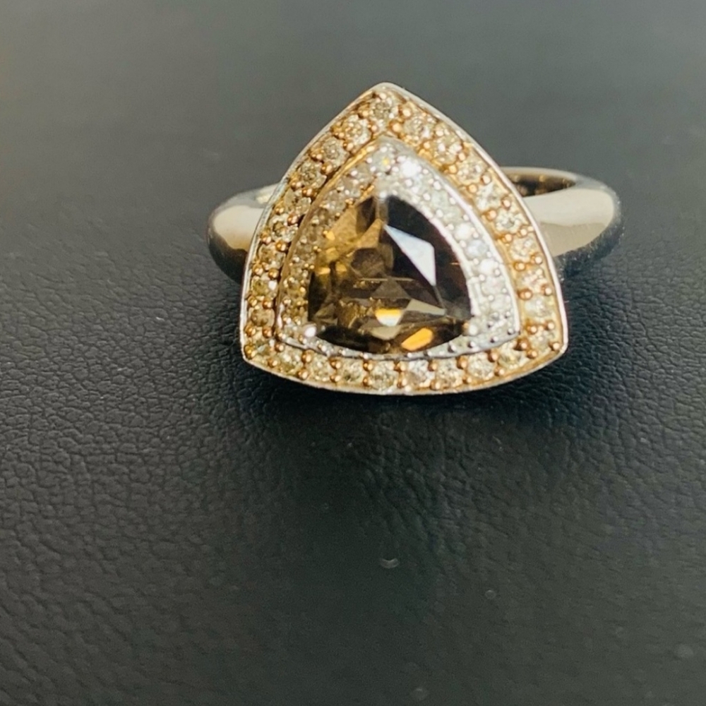 Zales Trillion Diamond & Cut Smokey Quartz Sterling Ring 7/8